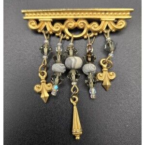 Goldtone Bar Brooch with Fleur de Lis and Gray Bead Dangles
